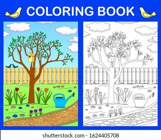 Coloring book for children with an example. Spring colorful picture with a blossoming tree, birds and flowers. Interactive leisure for children. Vector and illustration.