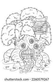 Coloring book for children. Fairy house in a tree trunk. The task for children can be used in a book or magazine. svg