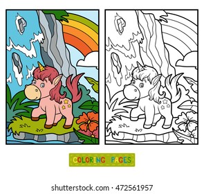 Coloring book for children, fairy unicorn and rainbow