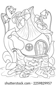 Coloring book for children. Fairytale house in a teapot. The task for children can be used in a book, or magazine.