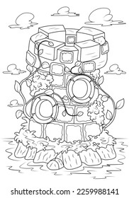 Coloring book for children. Fairytale princess tower on the island. The task for children can be used in a book, magazine.