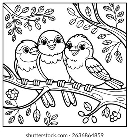 Coloring book for children: family of birds on a tree branch