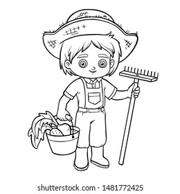 Coloring book for children, Farmer boy with rake and bucket