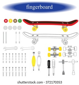 Coloring book for children. Fingerboard (small copy of skateboard). Fingerboard and spare parts. Vector illustration.