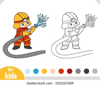 Coloring book for children, Firefighter using fire hose