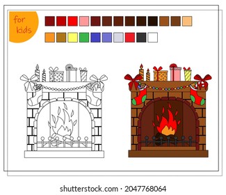 a coloring book for children, a fireplace with gifts decorated for Christmas. vector isolated on a white background