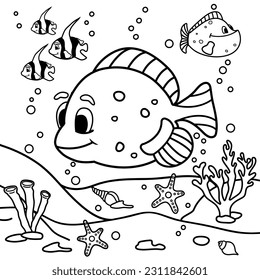 Libro de colorantes para niños con peces. Mundo submarino. Corales y piedras. Criaturas marinas. Estrella submarina. Ilustración de material vectorial. Educación y entretenimiento