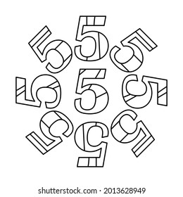 Coloring book for children. Five. Numbers. Learning and playing. Vector illustration.