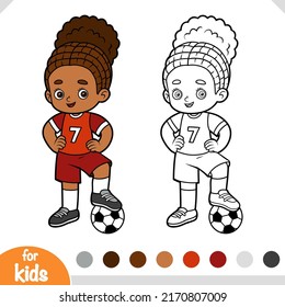 Libro de coloración para niños, jugadora de fútbol con una pelota