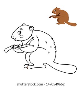 Coloring book for children. Forest animals. Cute cartoon beaver.