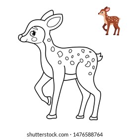 Coloring book for children. Forest animals. Cartoon cute fawn.