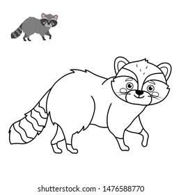 Coloring book for children. Forest animals. Cartoon cute raccoon.