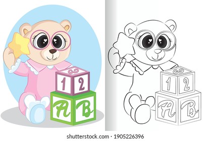 Coloring book for children. Forest animals collection. Cartoon cute bear with pajama and star.