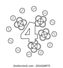 Coloring book for children. Four . Numbers. Buttons, needlework. Learning and playing Vector illustration
