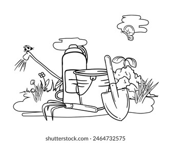 Coloring book for children with garden tools, shovel, rake, bucket, sprayer and spring nature. Black and white image