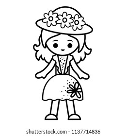 Coloring book for children, Girl in hat and summer dress
