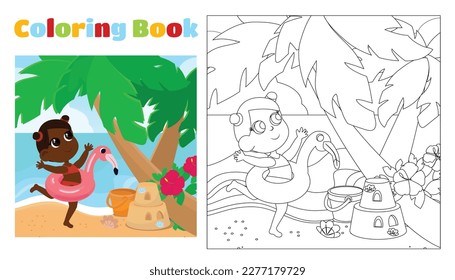 Coloring book for children a girl with an inflatable flamingo ring on the seashore near a palm tree and a sand castle. Pages for kindergarten or elementary school.