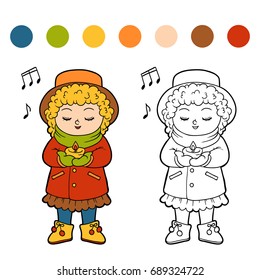 Coloring book for children, Girl singing a Christmas song