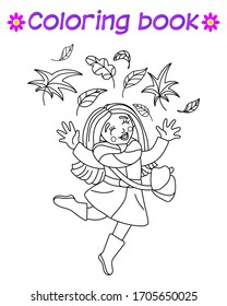 Coloring book for children. Girl throws leaves. She laughs and bounces. The development of creativity in children. Vector and illustration.