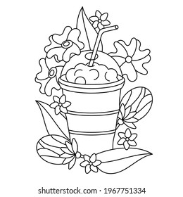 Coloring book for Children. A glass with a straw, delicious milkshakes or smoothies. Flowers and buds for decoration. Black and White Vector drawing for menu, party invitation.