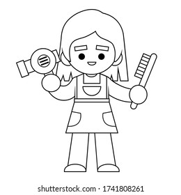 Coloring book for children, Hairdresser girl with hairdryer and hair brush