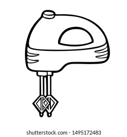Coloring book for children. Hand mixer. Black and white cartoon kitchen appliances. 