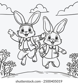 Coloring book for children: Happy bunnies with backpack 