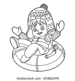 Coloring book for children, Happy girl riding on the tubing, inflatable sled