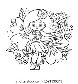 Coloring book for children, Hawaiian girl dancing hula