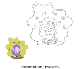 Coloring book for children, hedgehog throws leaves, autumn. vector isolated on a white background.