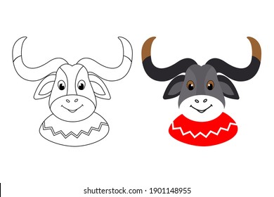 Coloring book for children. The Horned buffalo in a red sweater is shown in the picture.
Linear and color drawing are isolated on a white background.