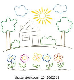 Coloring book for children. House, sun, clouds, trees, flowers. Picture drawn by child's hand. Illustration for children, wallpaper for children's room. Linear drawing on white background