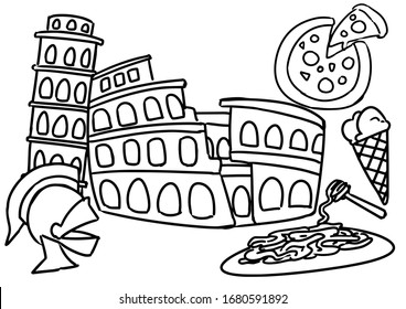 Coloring book, children book illustration, Coloring page, Italy vector, coloring book series of Italy, country series coloring book, landmark page, 