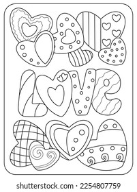 Coloring book for children. The inscription "Love" surrounded by hearts. Vector black and white illustration.