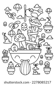 Coloring book for children in kawaii style. A fairytale world with funny and cute creatures. The task for children can be used in a book or magazine