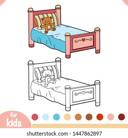 Coloring book for children, Kids bed with a pillow and toy bear