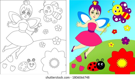 Coloring book for children. Kids educational activity. Cute fairy in flat cartoon style. Vector illustration