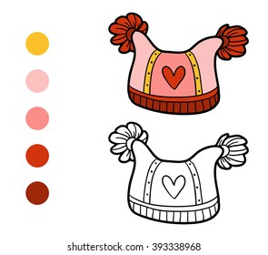 Coloring book for children, knitted winter hat with heart