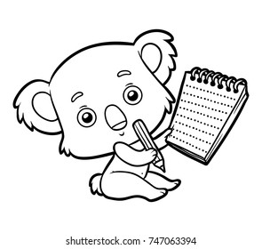 Coloring book for children, koala with a notebook