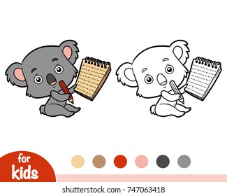 Coloring book for children, koala with a notebook