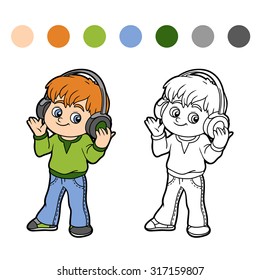 Coloring book for children: little boy listening to music on headphones