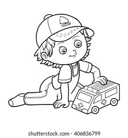 Coloring book for children. Little boy playing with an ambulance car