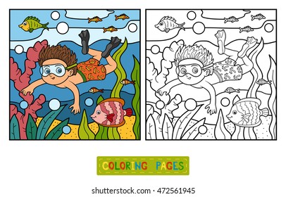 Coloring book for children, little boy swimming in the sea