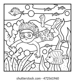 Coloring book for children, little boy swimming in the sea