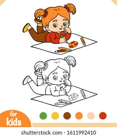 Coloring book for children, Little girl drawing with color pencils a flower