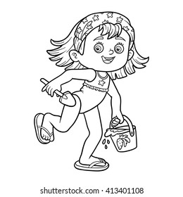 Coloring book for children. Little girl with a bucket and shovel on the beach