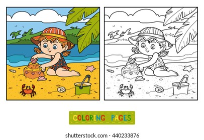 Coloring book for children, little girl builds a sand castle on the beach