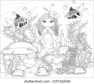 Coloring book for children: little mermaid and sea world