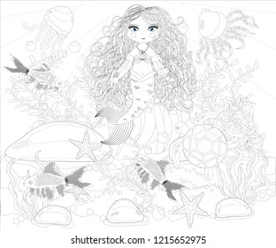 Coloring book for children: little mermaid and sea scenery 