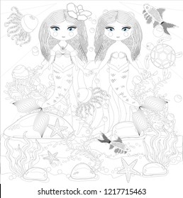 Coloring book for children: little mermaid and sea world